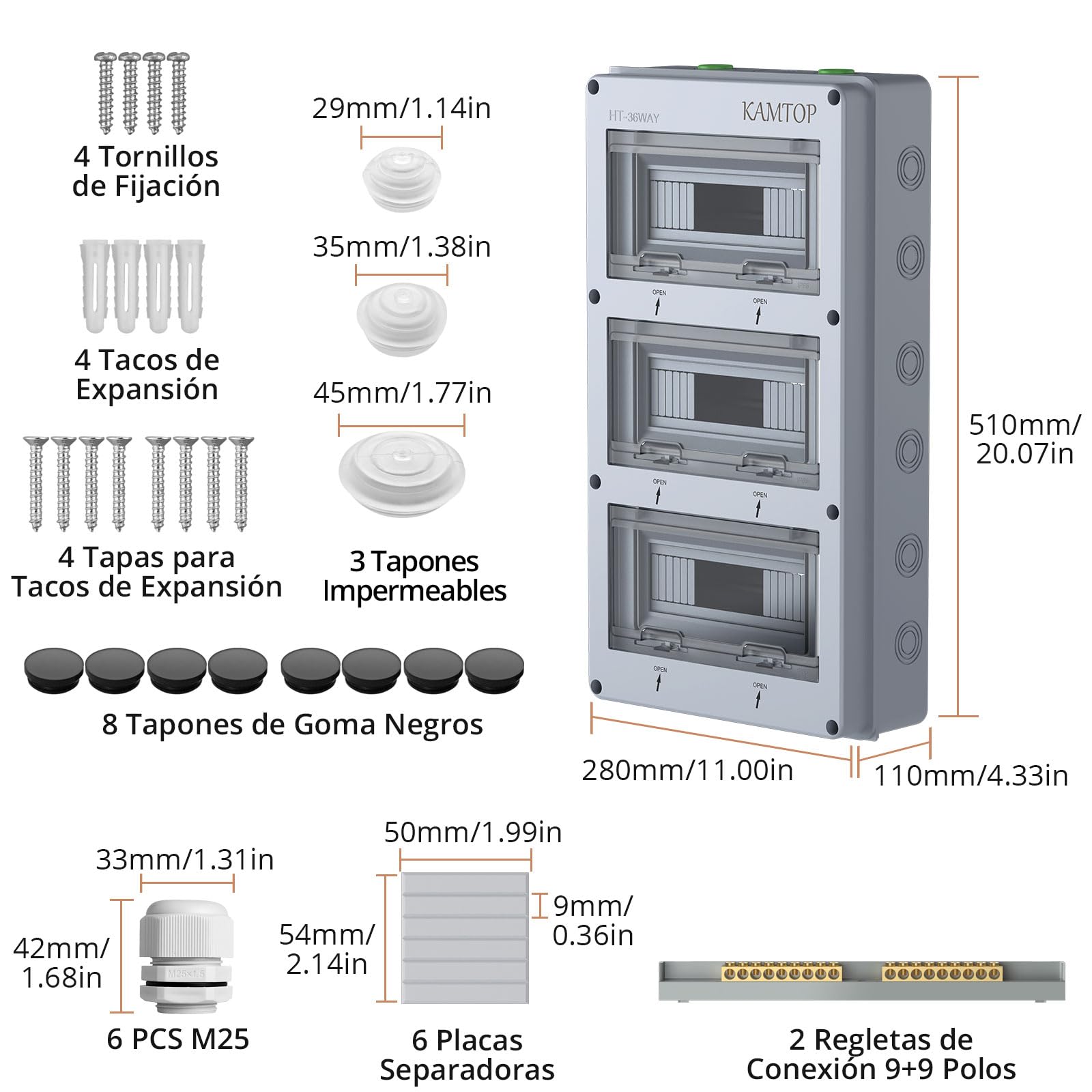 KAMTOP Caja de Distribución 36 Módulos IP65 para Superficie Cuadro Eléctrico Exterior con Tapa Transparente Caja Estanca Impermeable con Carril DIN para Interruptores Automáticos Tomas y Conexiones | Caja para magnetotérmicos con carril DIN Caja de fusibl