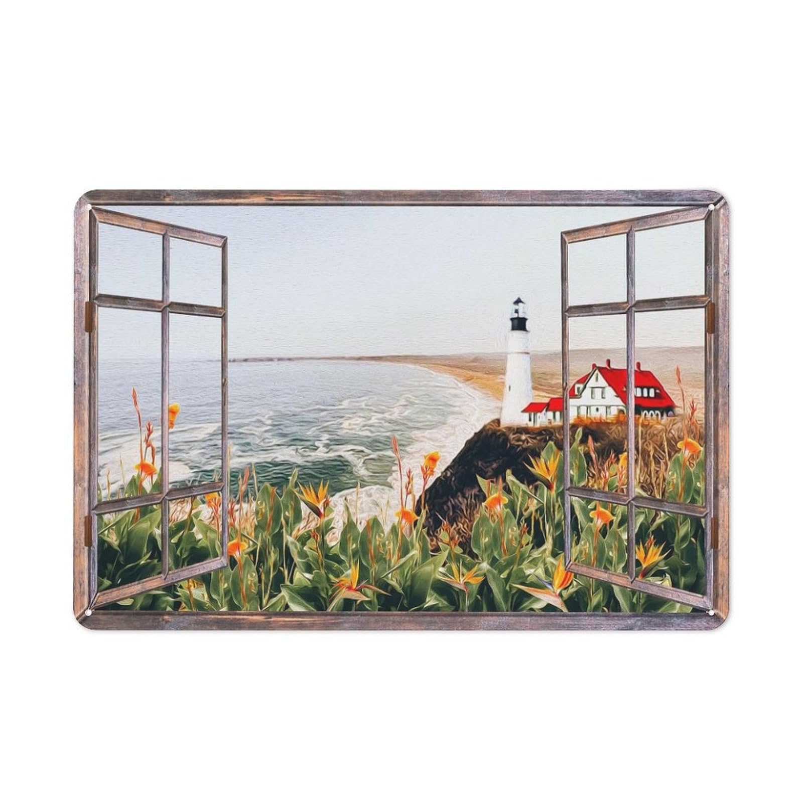 ACDOET Rustic Metal Tin Sign Open Window View Of Coastal Lighthouse Landscape Prints Picture Beach Seascape Scenery Painting Artwork For Living Room Bedroom Office Home Decoration 8x12 Inch