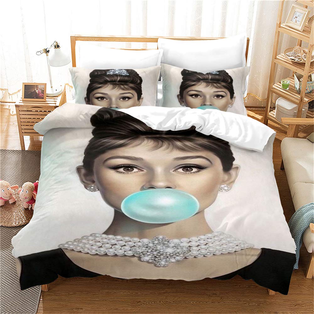 Ste-X Style 07 Duvet Cover With 2 Pillowcases Audrey Hepburn Bedding With Zipper Microfiber Double Size Bedding Set (,135X200cm(Single))