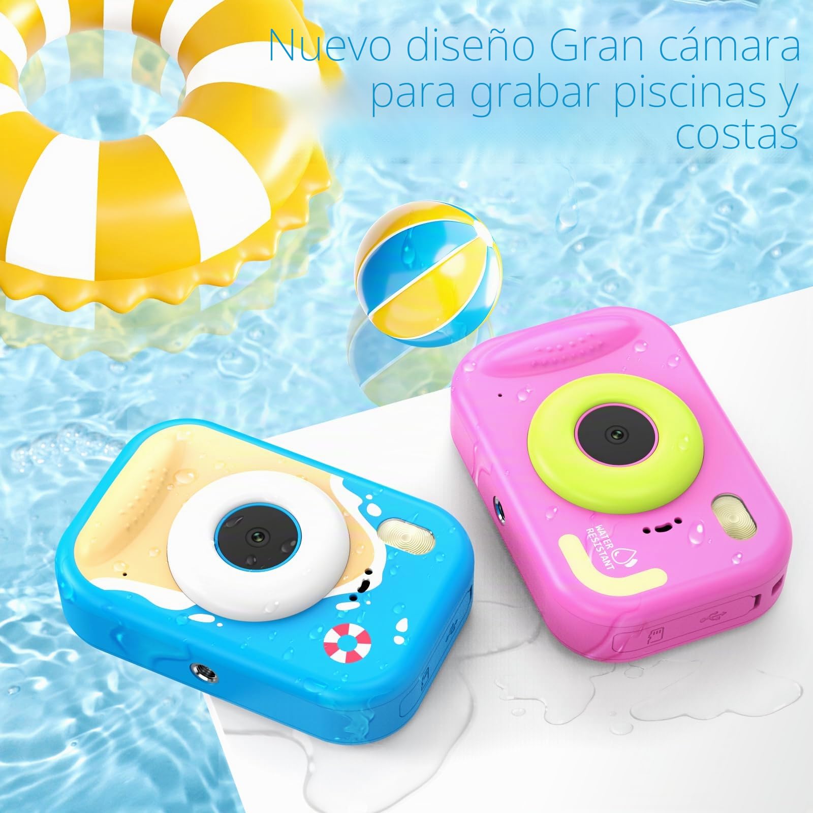 Cámara Fotos Infantil, 48MP HD 1080P Cámara Acuática para Niños con Pantalla de 2,4 Pulgadas + SD 32GB Ideal para Deportes Acuáticos, Natación y Playas (Azul)