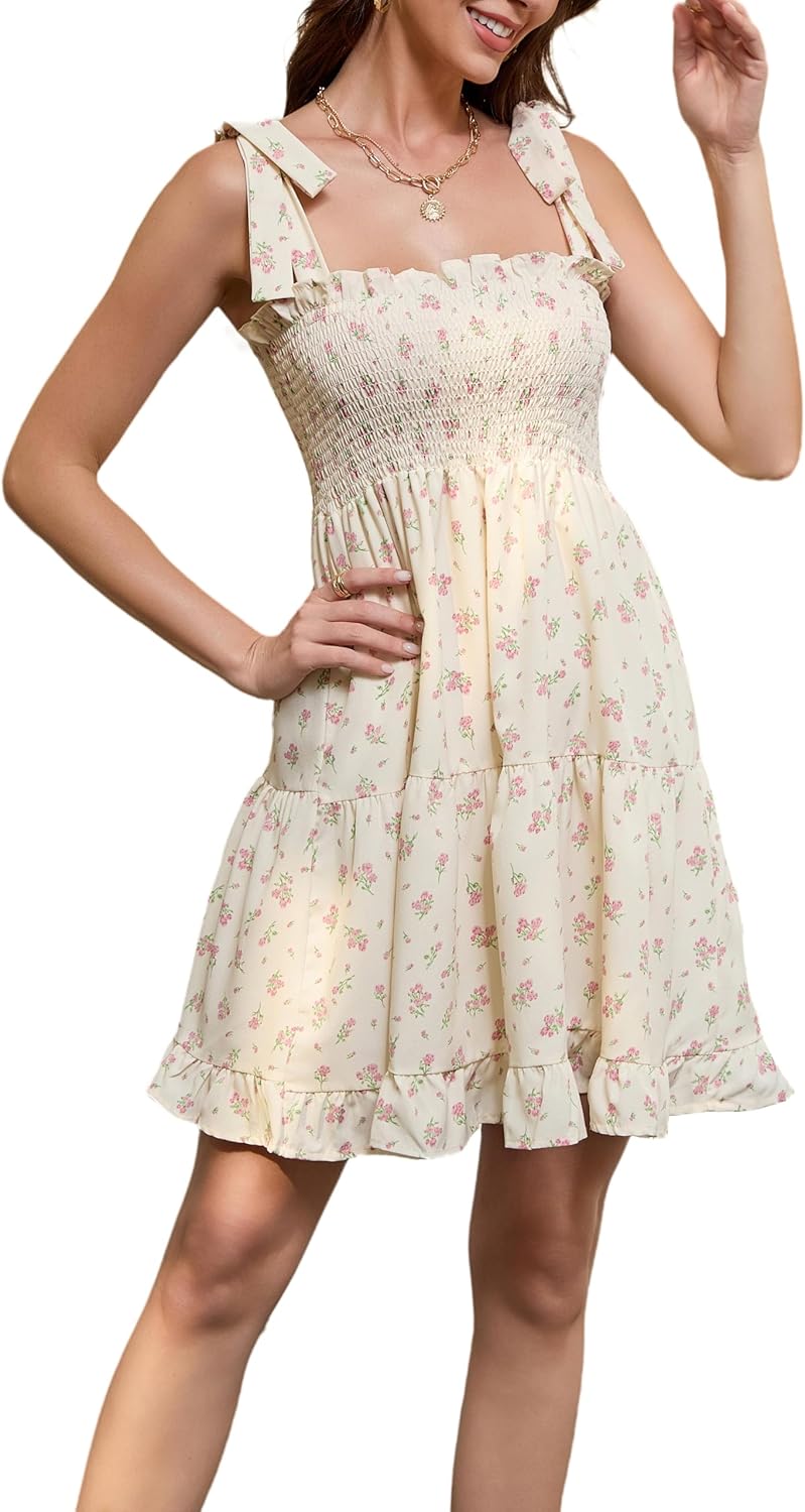 DUKAKII Women's Floral Dress 2025 Boho Summer Stretch Dress Adjustable Spaghetti Strap Mini Dress