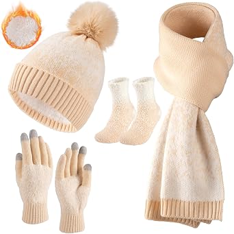 Womens Winter Beanie Hat Scarf Gloves Fuzzy Socks 4 In 1 Set Thermal Fleece Knitted Hat Warm Long Scarf Cold Weather