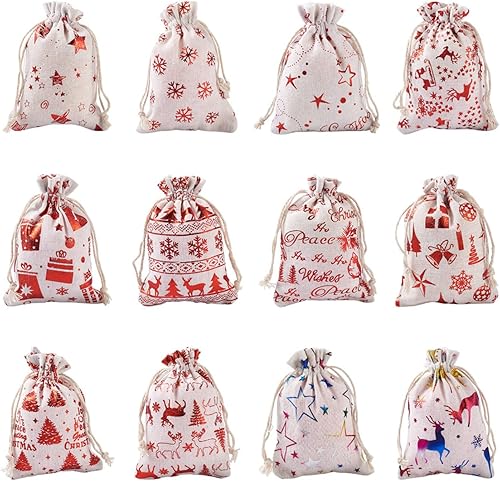 24 bolsas de arpillera con cordón de Navidad, bolsas de lino, bolsas de tela de algodón de Navidad, bolsas de regalo de Navidad con patrón mixto,