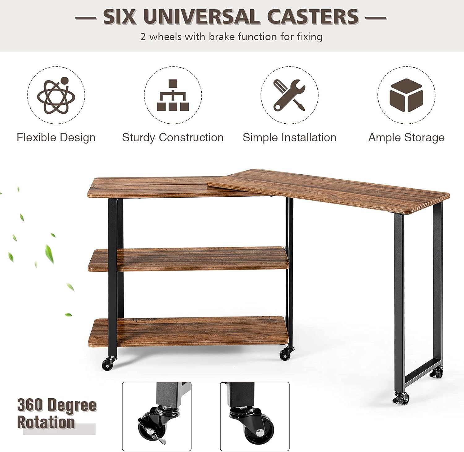 Tangkula 360° Free Rotating Sofa Side Table, Patented Mobile Couch Desk with 2-Tier Storage Shelves, Movable Laptop Desk with Sturdy Metal Frame, Couch Table Snack Table for Home Office (Brown)