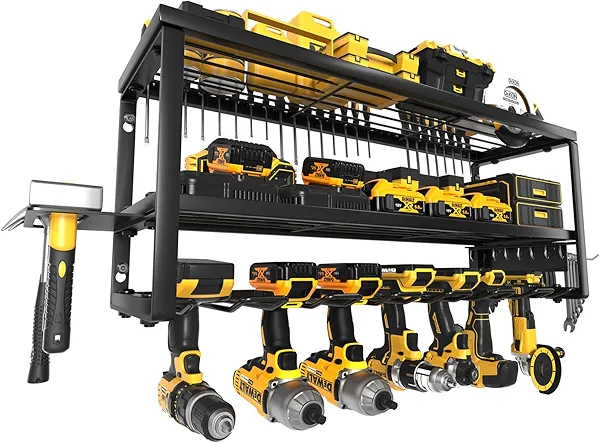 MOOMSINE Power Tool Organizer Wall Mount for Tool Storage, Heavy Duty 7 Slots Cordless Drill Holder and Battery Shelf, Metal Tool Holder and Storage Rack with Charging Station for Garage Organization