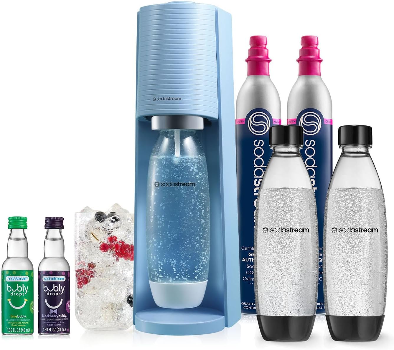 Terra Sparkling Water Maker | VALUE BUNDLE | CQC CO2 system | Includes 2x CO2 Cylinders, 3x 32 Fl Oz Dishwasher Safe Bottles, 2x Bubly Flavor Drops | Combine with Flavors | Misty Blue