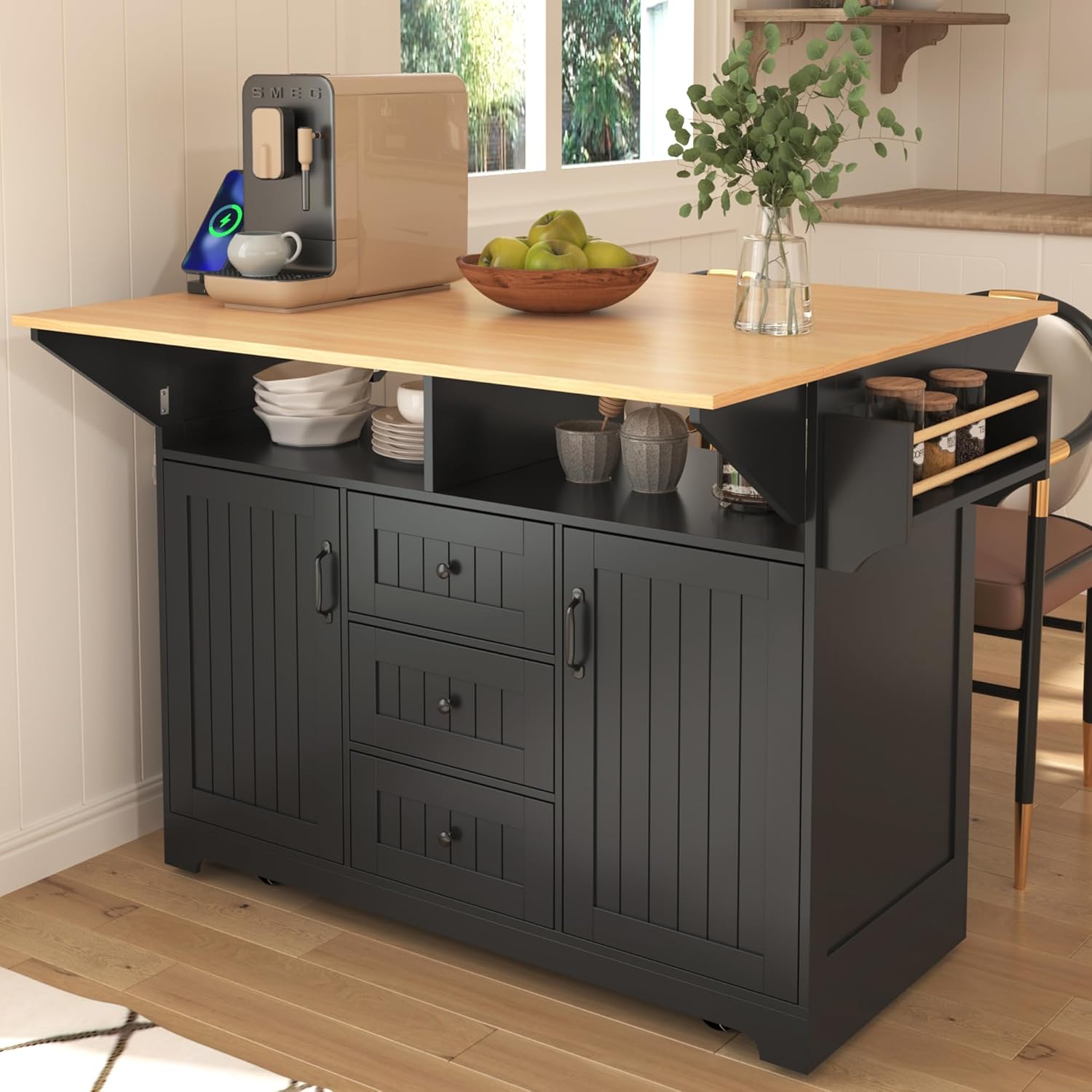 Amposei Modern Rolling Kitchen Island with 2 Drop Leaf, Mobile Storage Island Cart Breakfast Bar with Power Outlet, Storage Cabinets, Drawers, Spice Rack, Black