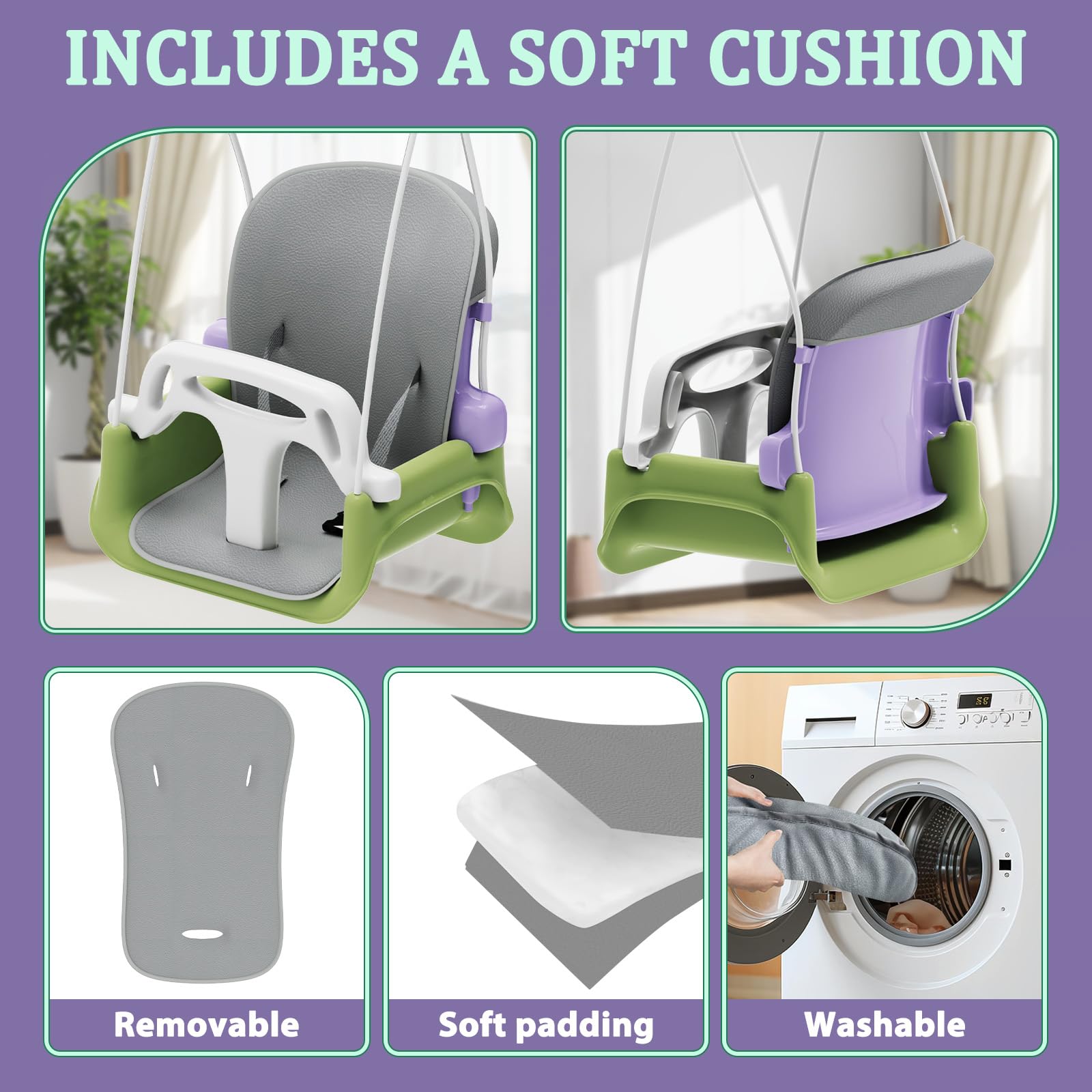 Toddler Swing with Soft Cushion, Foldable Indoor & Outdoor Baby Swing, Easy to Install & Store for Backyard Play (Purple)