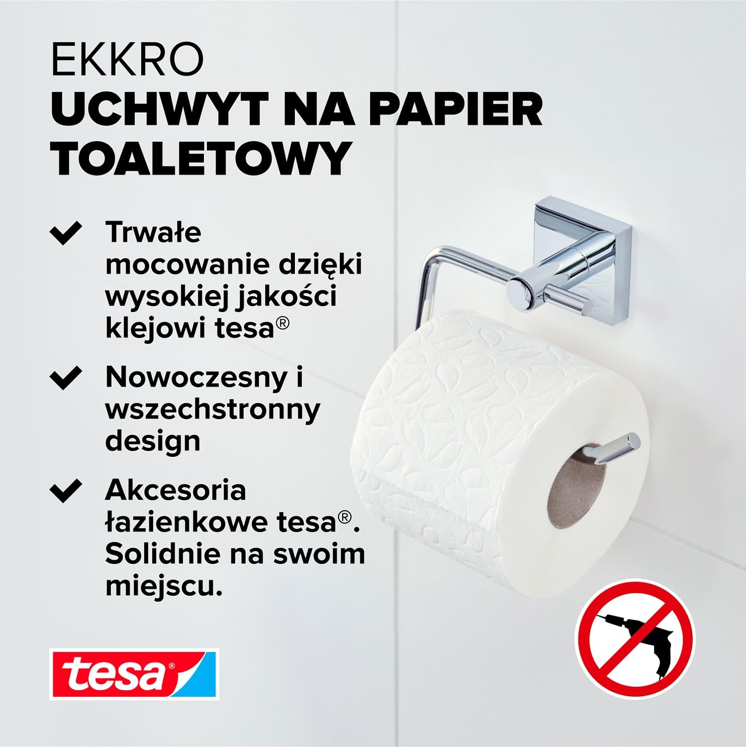 tesa EKKRO uchwyt na papier toaletowy – samoprzylepny haczyk na rolki papieru toaletowego – chromowany – bez pokrywy – wymiary: 110 mm x 133 mm x 47 mm