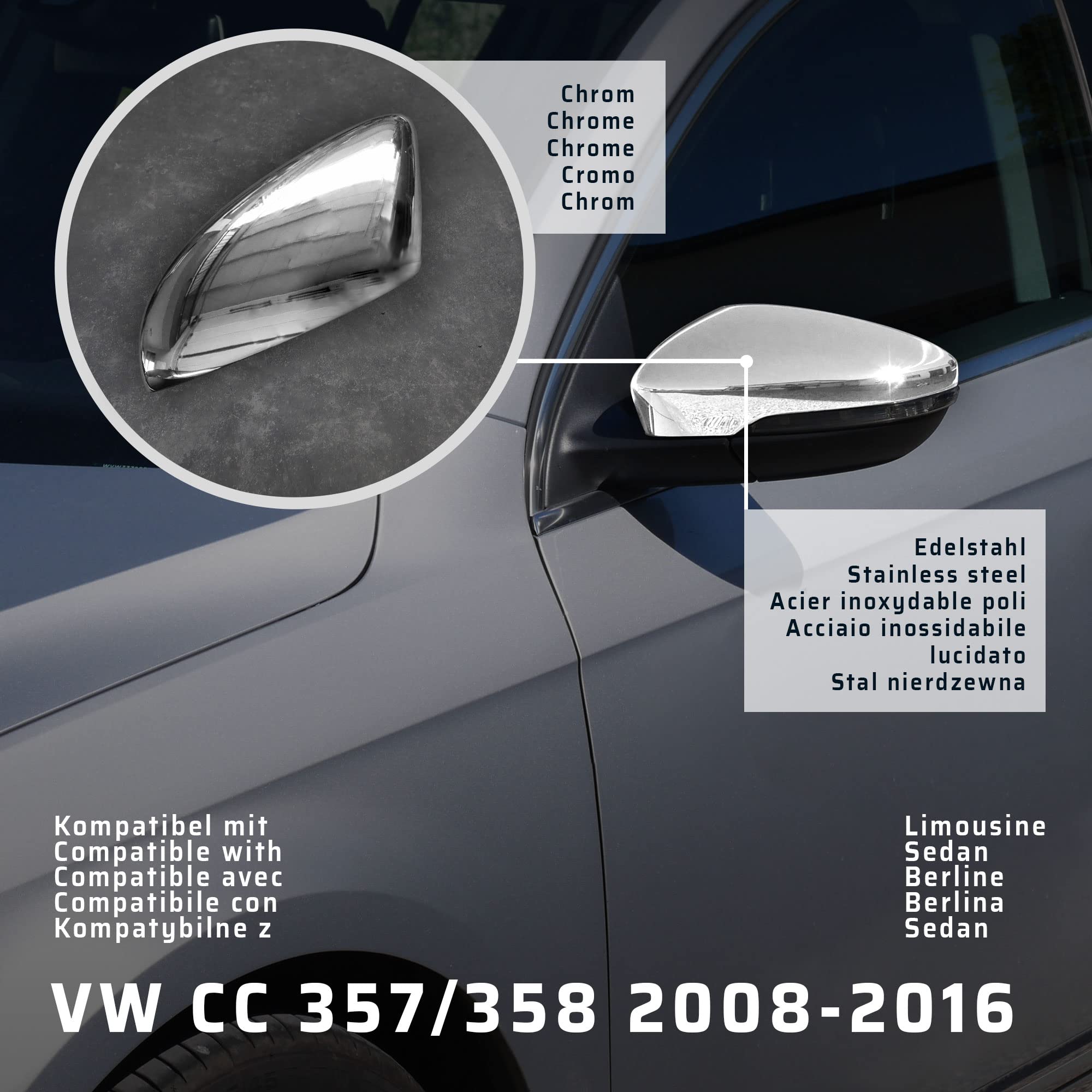 CHROMEMASTER | Nakładki na Lusterka Zewnętrzne | Kompatybilne z VW CC 357/358 Sedan 2008-2016 | Stal nierdzewna; Osłony Lusterek to Niepowtarzalny Wygląd Auta i Ochrona Przed Uszkodzeniem