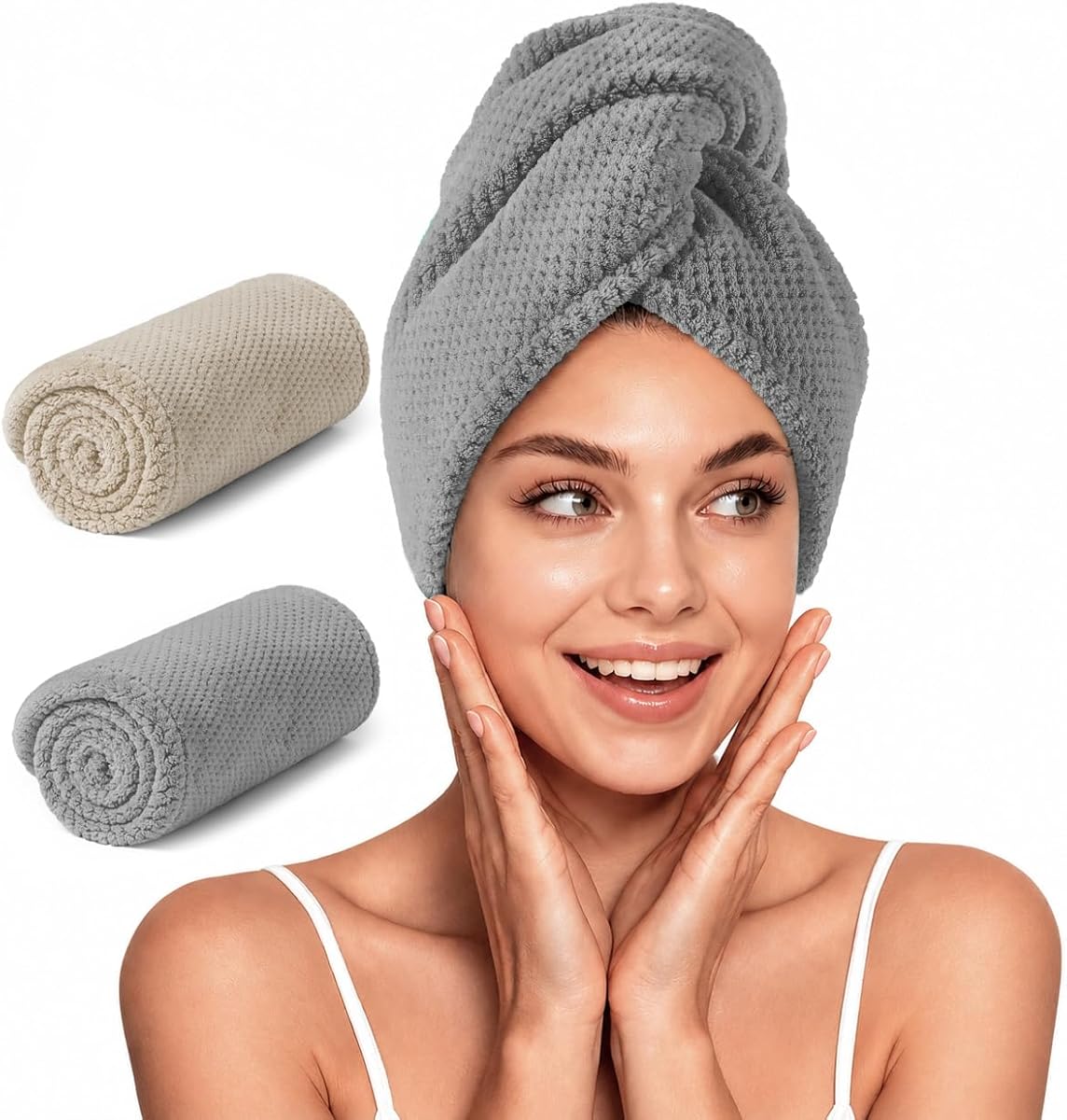 YFONG 2 Pack Microfiber Hair Towel Wrap for Women, Super Absorbent Quick Dry Hair Turban for All Hair Style Anti Frizz, Large Hair Drying Towel with Button