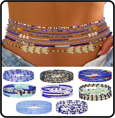 ELABEST Adjustable Handmade Waist Beads Stretchy 23-52 inch 8Pcs Chakra Yoga Body Belly Beaded Women Waist, Anklet, Bracelet, Necklace Jewelry with Screw clasp