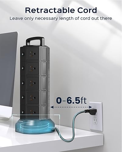 Miniatura 4 de Torre de regleta de alimentación, 20 salidas de CA, 6 puertos USB (2 USB C), protector de sobretensiones 1050J, estación de carga de escritorio de