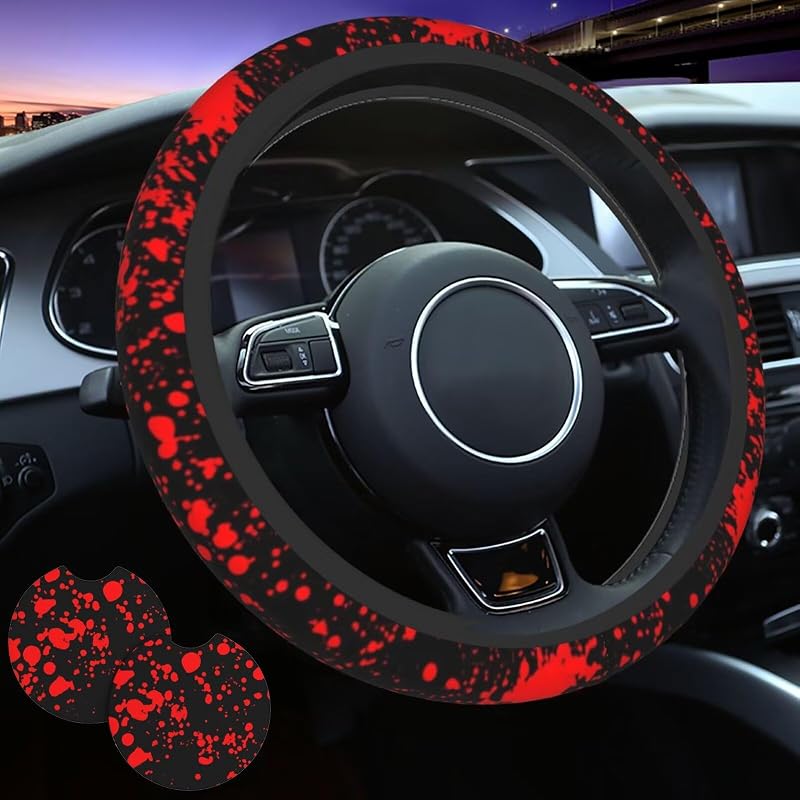 Capa para Volante Automotivo Generic com Estampa de Gotas de Sangue para Volantes de 35,6 a 38,1 cm, com 2 Protetores para Porta-Copos