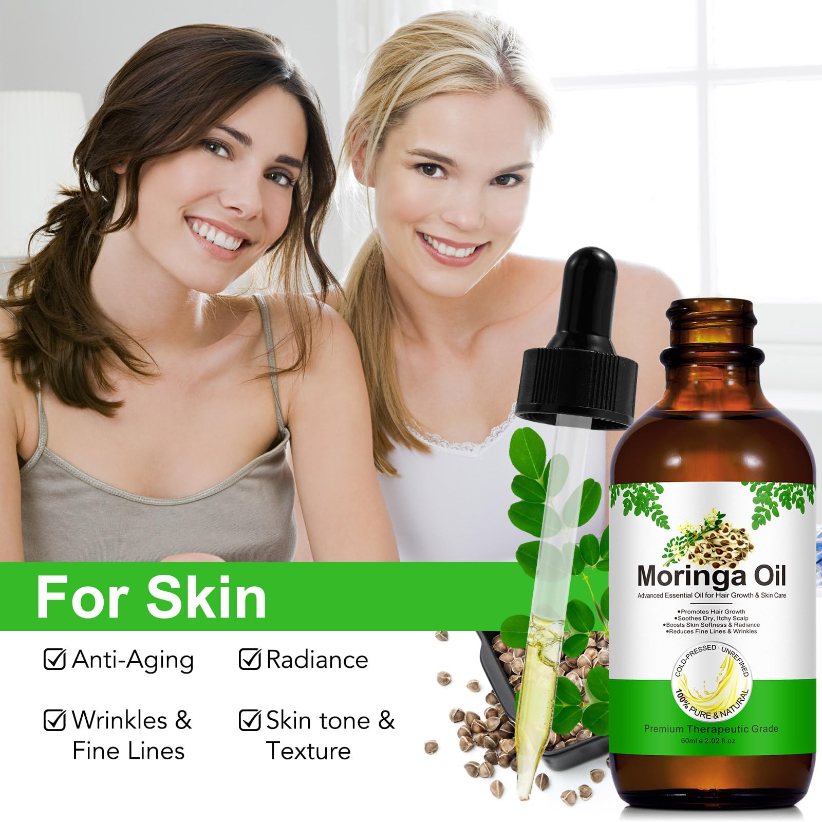 Moringa olejek do włosów, skóry, twarzy – 60 ml olejku Moringa, tłoczony na zimno, pielęgnuje porost włosów, przeciwstarzeniowy, odżywczy i rewitalizujący