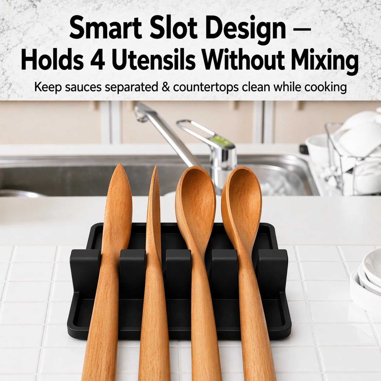 Spoon Rest for Stove Top, Silicone Spoon Holder for Kitchen Counter, Heat Resistant Drip Pad, BPA Free, Non-Slip, 4 Slots, Includes 2 Bonus Sponges (Black)
