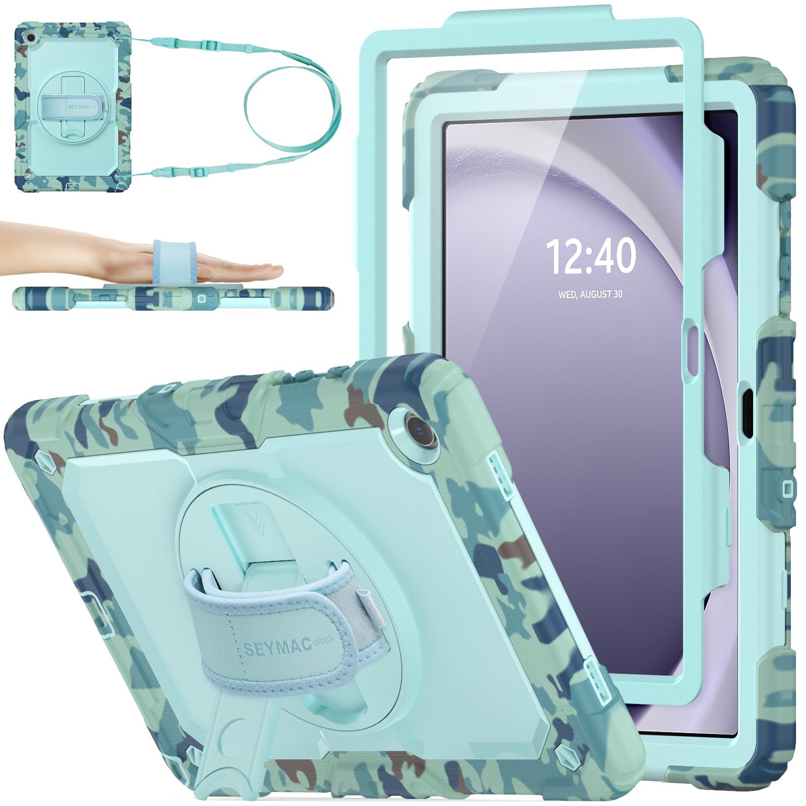 SEYMAC stock Case for Samsung Galaxy Tab A9+ Plus 11'', Full-Body Drop Protection Case with Screen Protector Pencil Holder [360° Rotating Hand Strap]