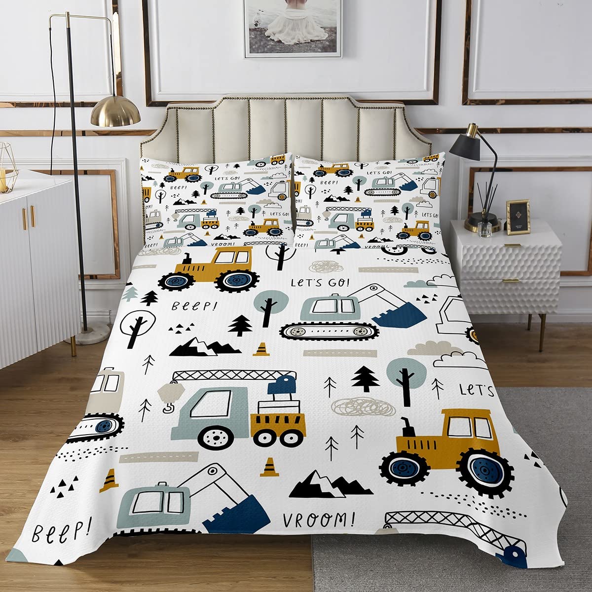 Loussiesd Set copriletto per Bambini in Stile Cartone Animato per Bambini Set di Attrezzature per la Decorazione Camion Trapuntato copriletto Auto Escavatore Trattore Bianco giallo170X230cm