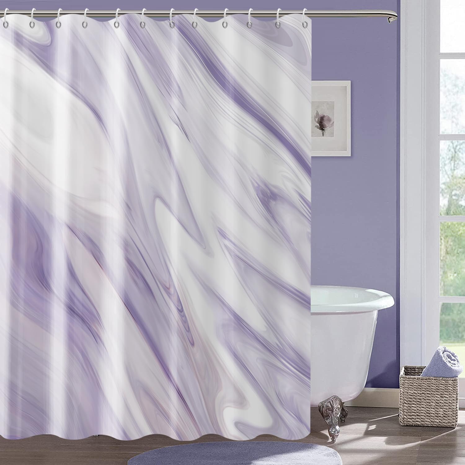 GCIREC Purple Marble Stall Shower Curtain, 200x180cm, Purple Mix White Ombre Modern Abstract Wave Luxury Bathroom Curtain Bathtub Home Decor Waterproof Fabric Machine Washable with Hooks