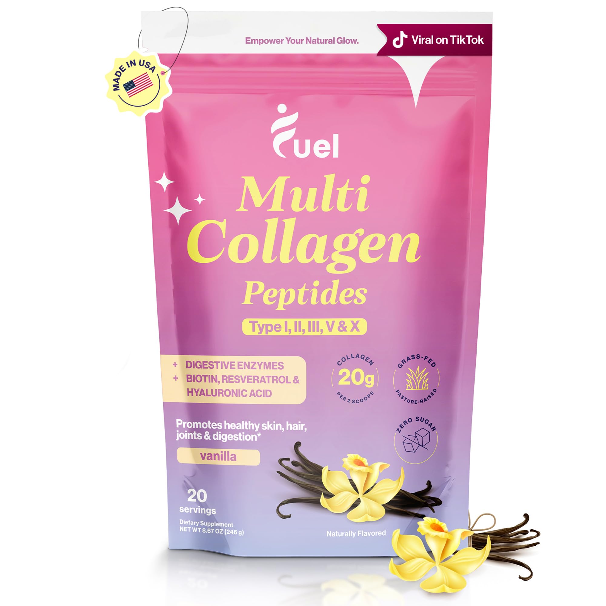 FuelMulti Collagen Peptides Powder – 20g Hydrolyzed Collagen I, II, III, V & X for Hair, Skin, Nails & Joint Support – Better Absorption – Keto & Gluten Free, French Vanila 8.67oz