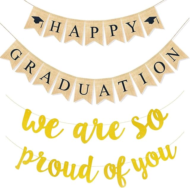FANTESI 2PCS Happy Graduation Burlap Banner We Are So Proud Of You Graduation Banner Gold Graduation Bunting Set For Home,College,Senior,High School Decorations
