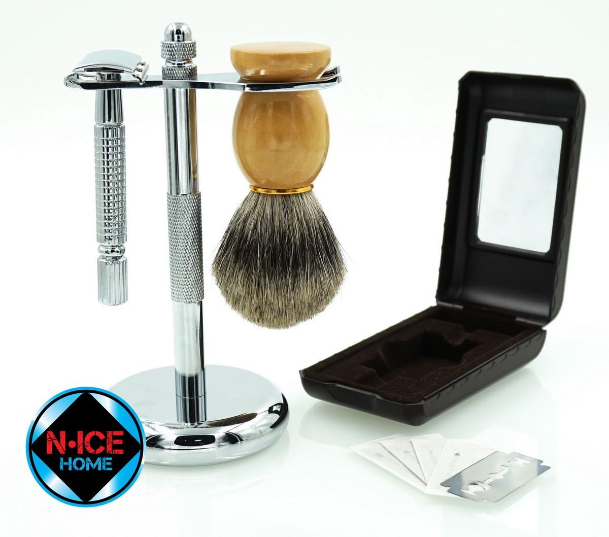 Wet Shave Kit - Shaving Kit Includes Pure Badger Shaving Brush, Chrome Stand & Double Edge Razor, with 5 Double Edge Razor Blades ; Premium Shave Set, Men Shaving Set(premium Shaving Set)