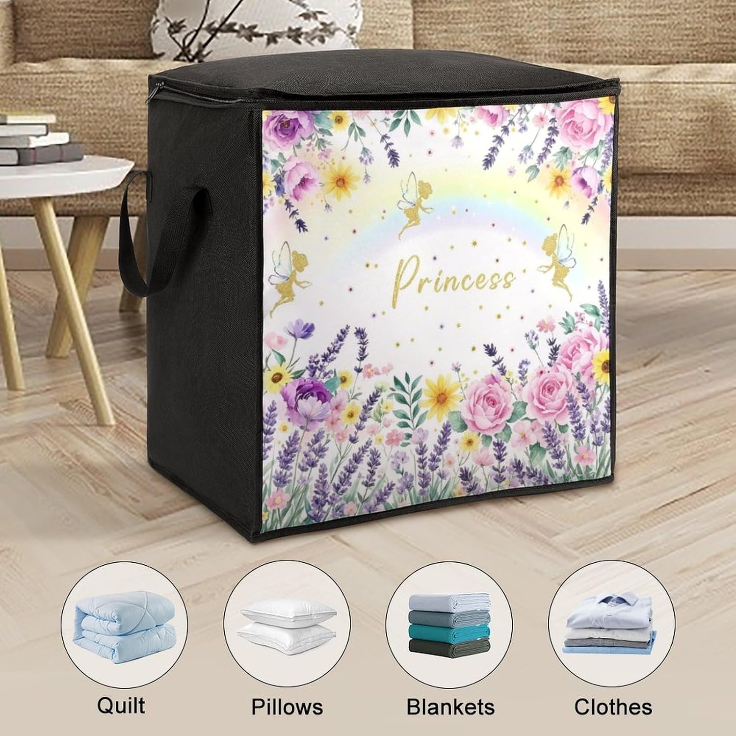 Floral Rainbow Comforter Storage Bag Moving Bag | Clothes Storage Bins-70L,Moving Bag With Dual Handles For Easy Carrying, Zipper Design Durability for Home,Bedroom,Closet