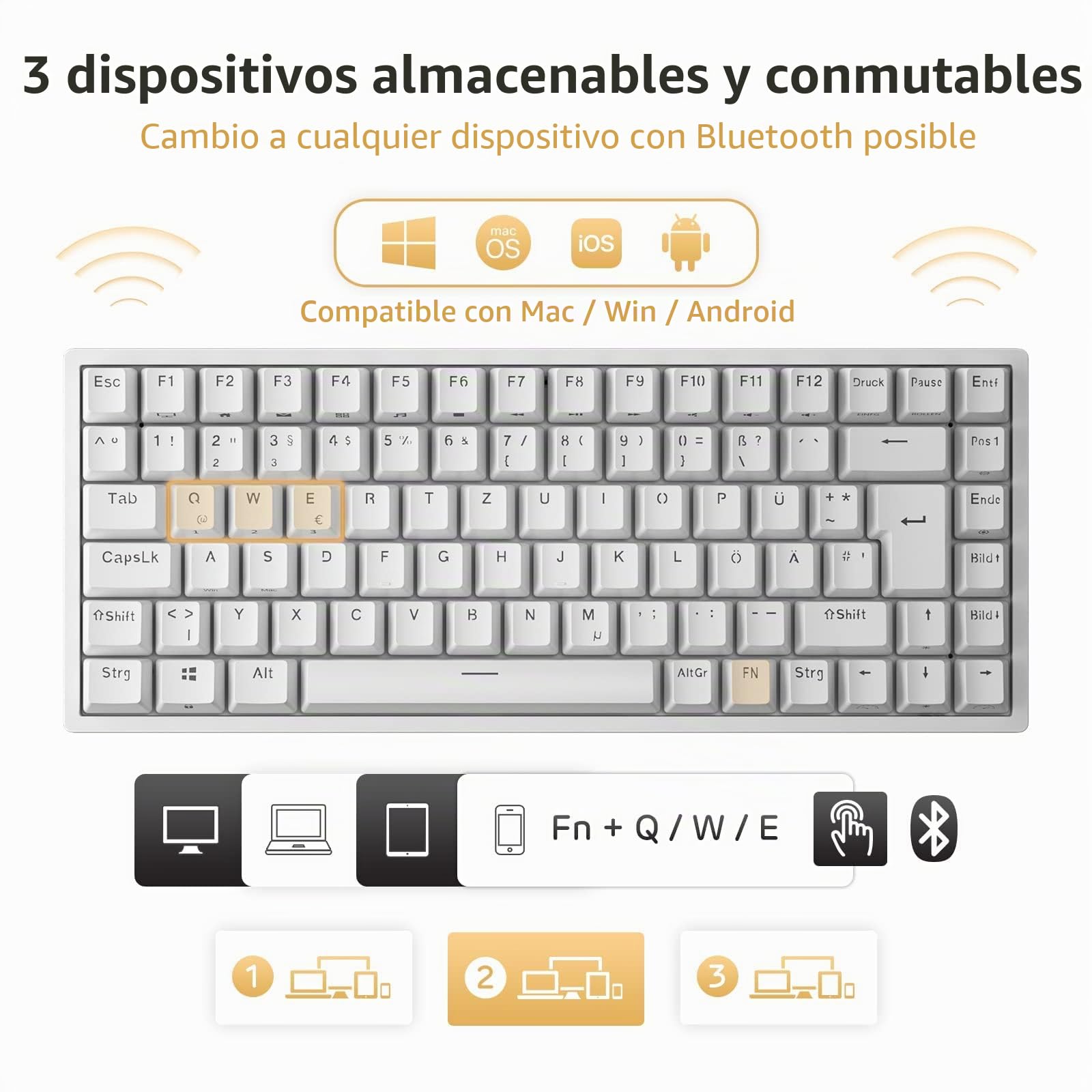 RK ROYAL KLUDGE RK84-DE 75% Teclado Gaming, 85 Teclado TKL Compacto, Teclado Mecánico Bluetooth, Interruptor Rojo, Retroiluminación RGB, Teclado Gaming 2.4Ghz