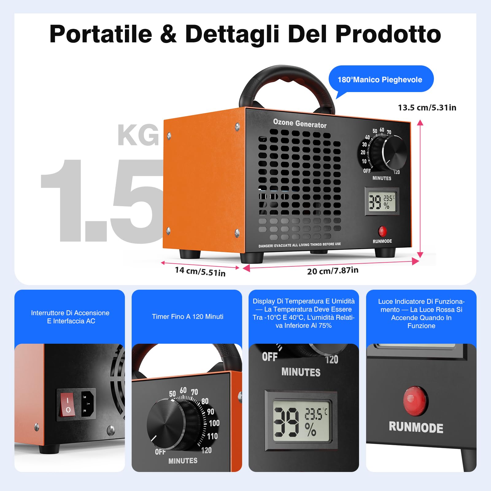 Generatore di Ozono 120000 mg/h – Purificatore d’Aria Industriale O3 con Timer 120 min, Display Temperatura e Umidità, Ideale per Auto, Casa, Hotel, Cucina e Odori di Animali