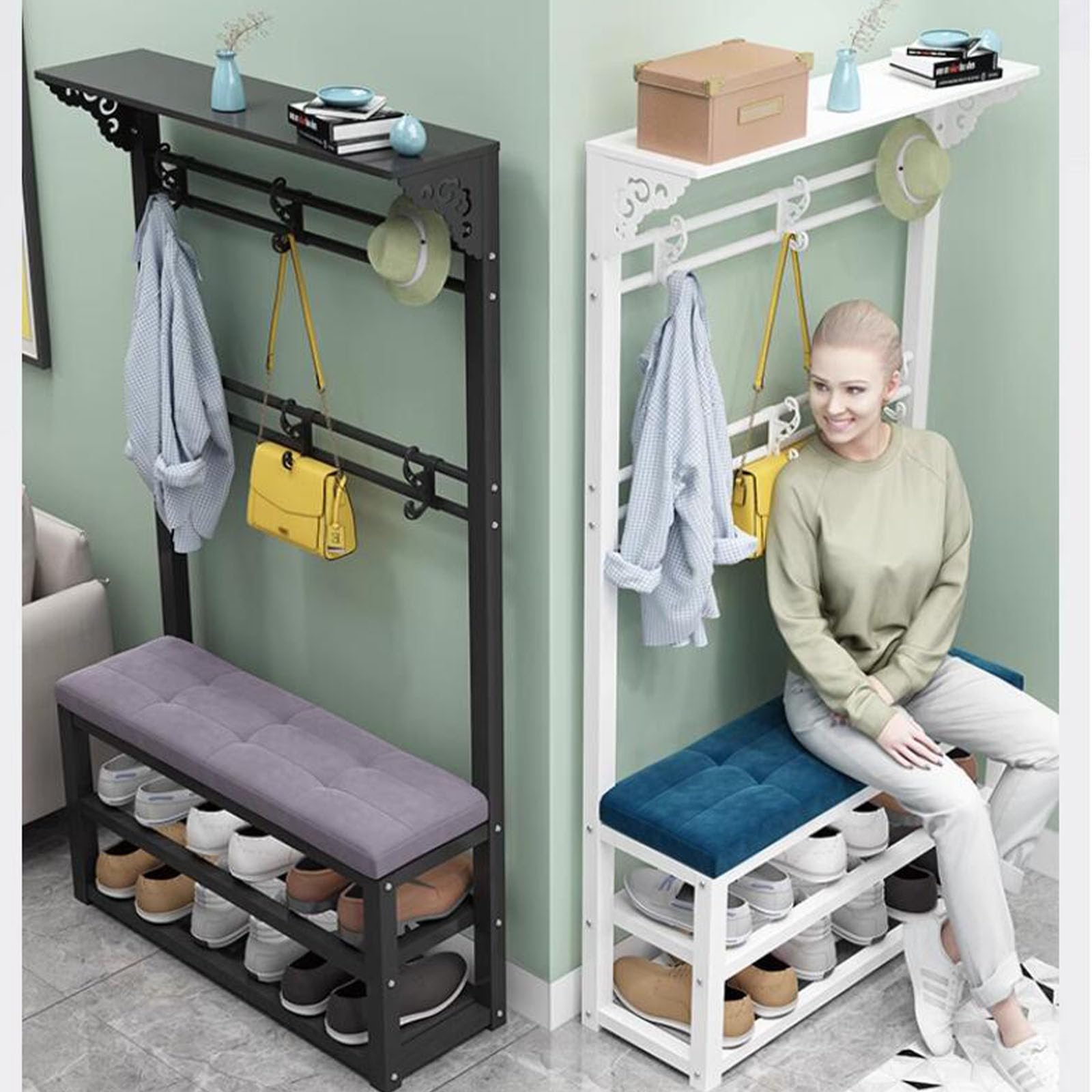 Entryway hal boom met schoen en kapstok bank 3 Tier opslag plank haken en verwijderbare bank vrijstaande nizer met zwaar stalen frame (wit maat