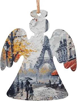 Paris Street Eiffel Tower Painting Printed 2 PCS Wood Christmas Tree Decorations Angel-Shape Sets for Xmas Tree Holiday Hanging Decor, and Festive Home Party Decor