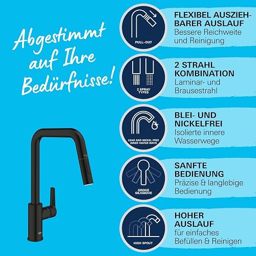 GROHE Start QuickFix – Pull-Out Dual Spray Kitchen Sink Mixer Tap (High U-Spout, 360° Swivel Area, 28 mm Ceramic Cartridge, Tails 3/8 Inch), Easy to Fit with GROHE QuickMount, Matt Black, 306312430 - 5