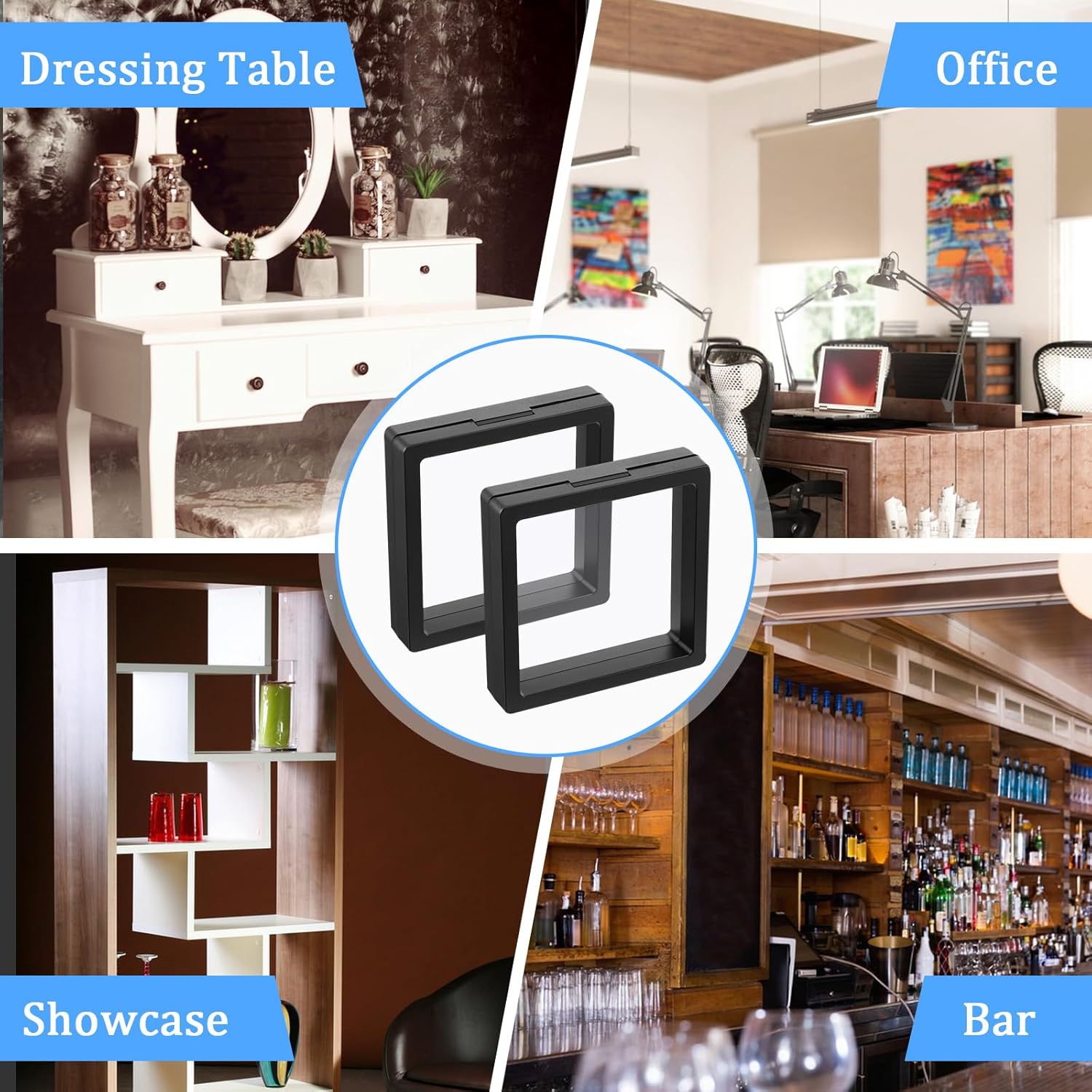 100PCS 3D Floating Display Case, Black Challenge Coin Frame Display Stands, Plastic Jewelry Collectibles Holder Stands for Coin Rocks Tooth Shells Specimen Pins Stamps (2.8x2.8x0.8 Inch)