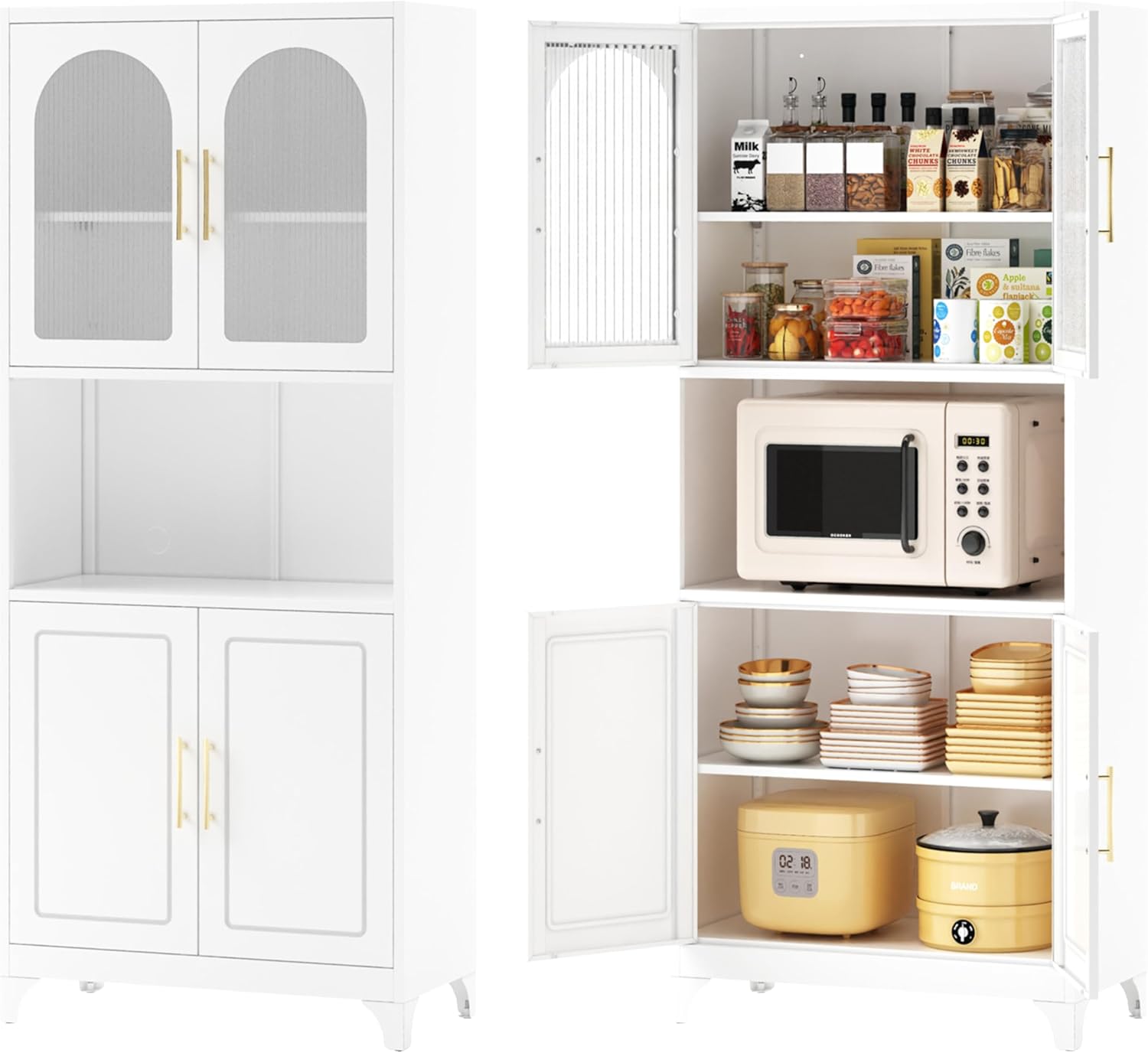 Kitchen Pantry Cabinet, 75" Tall Metal Storage Cabinets with Microwave Stand, White Hutch, Tall Storage Cabinet with Glass Doors and Adjustable Shelves, Food Pantry Cupboard for Kitchen, Dining Room