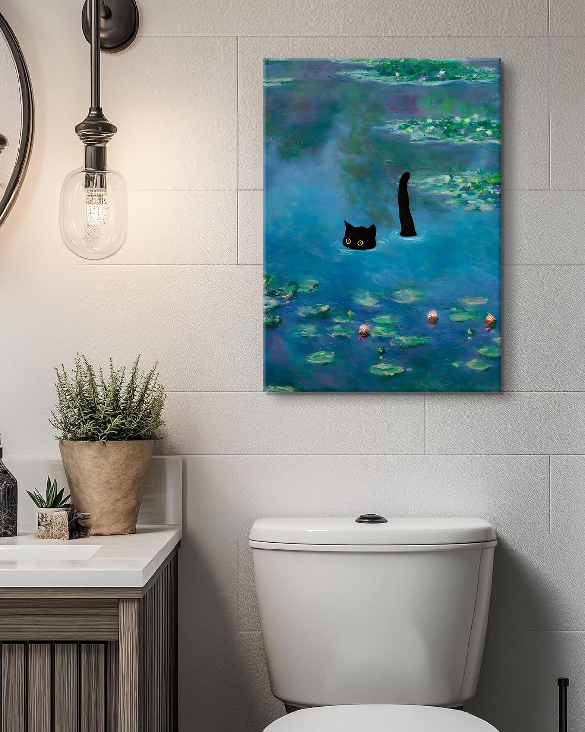 Funny Black Cat Wall Art Cat in pink Water Lilies Posters Vintage Cat Famous Oil Paintings Preppy Aesthetic Animal Poster Prints for Bedroom Living Room Bathroom Wall Decor 16x24in Canvas