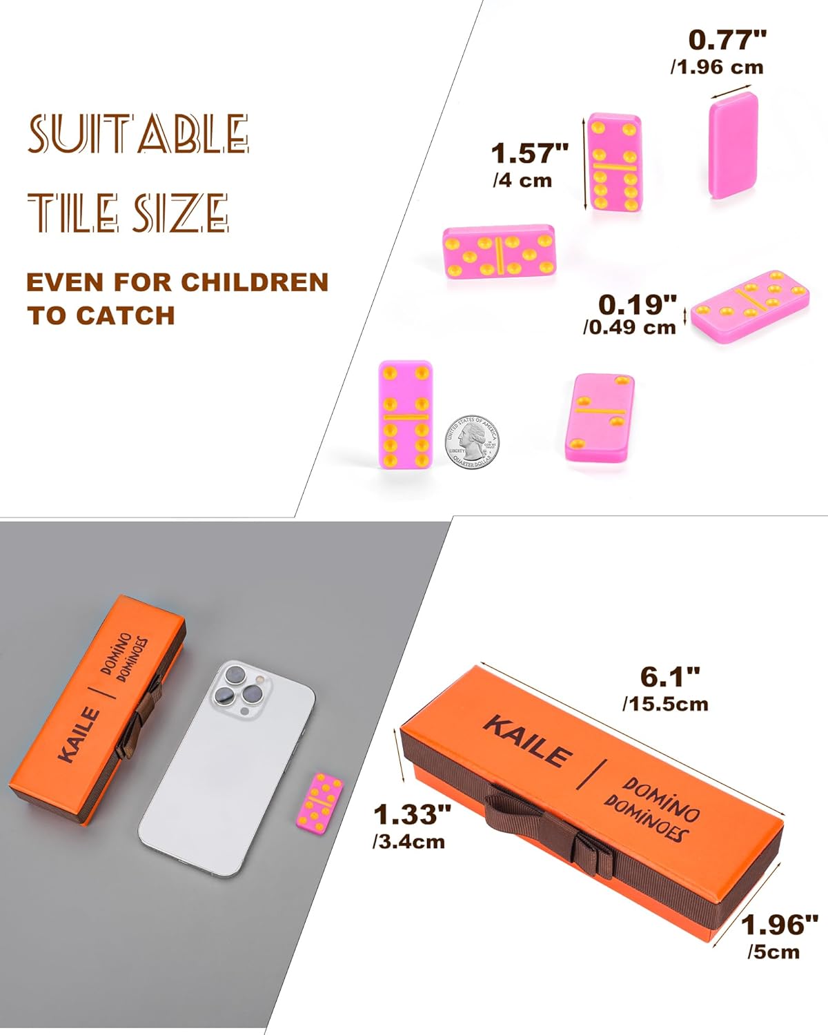 KAILE Pocket Domino Set – Mini Pink Dominoes with Gift Box & Ribbon, Bright Colors, Travel-Friendly Game for Kids & Adults, Idea, Portable Double-Six Set