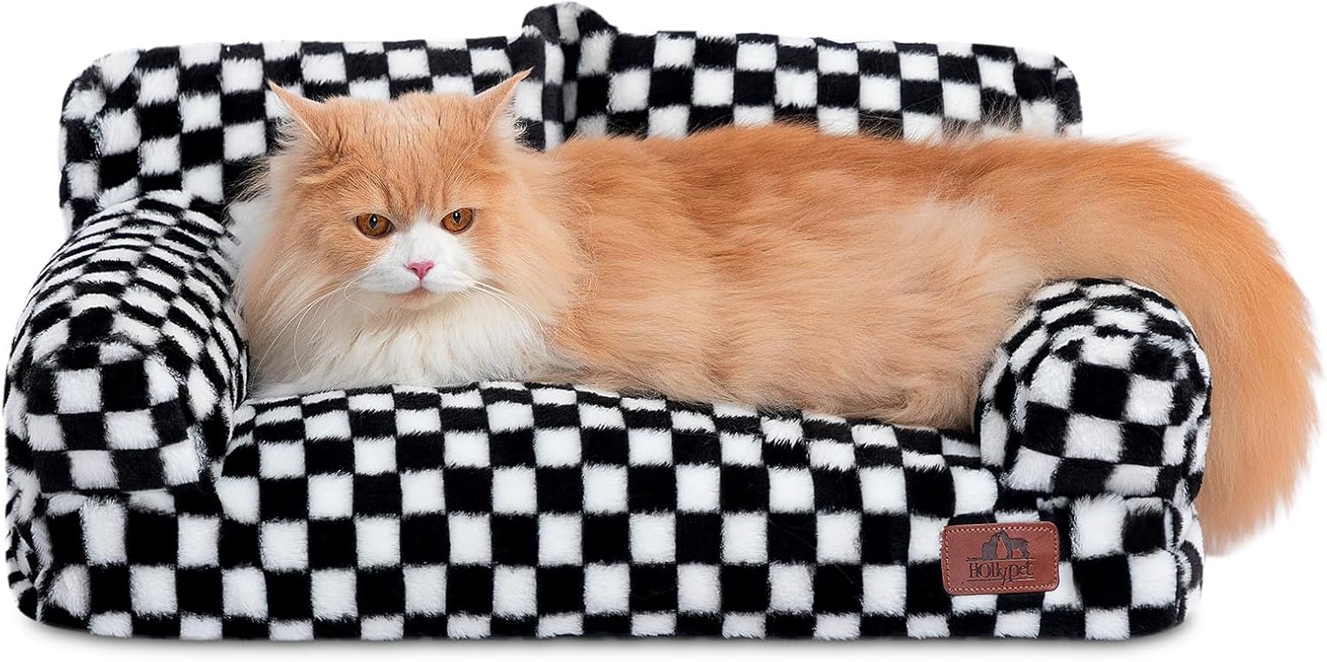 Hollypet Fluffy Dog Cat Bed Pet Couch Beds Plush Soft Warming Washable Puppy Bed for Small Medium Dogs and Large Cats, Black and White, 24" L x 18" W x 10" Th