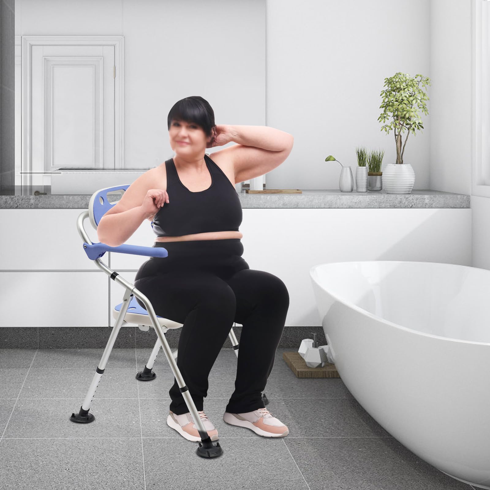 Silla de ducha con respaldo y reposabrazos, taburete de ducha antideslizante, altura regulable, asiento plegable con función de succión, asiento de bañera para personas mayores y discapacitados, hasta