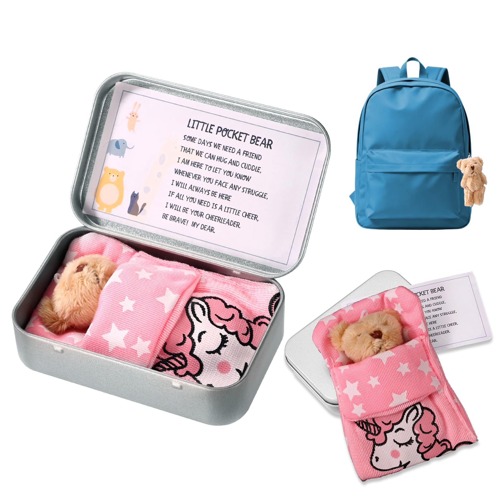 TOYMIS Little Pocket Bear Hug Set, Adorable Mini Plush Bears with Inspirational Card Sleeping Blanket & Iron Box for Friends Encouragement Party Favor (Khaki Bear & Pink Sleeping Blanket)