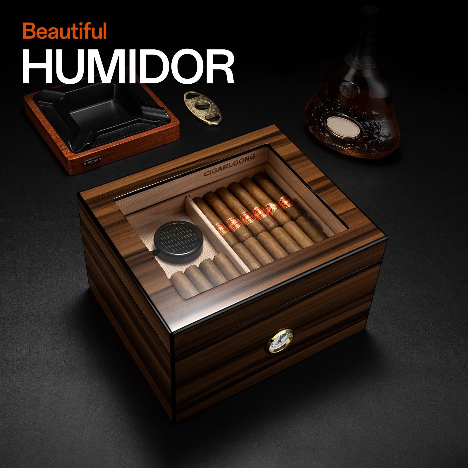 Cave à cigares en Bois de cèdre avec humidificateur et hygromètre, Structure à Double Couche pouvant contenir 65 à 75 pièces, cigares Non Inclus(Grand)