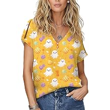Halloween Skull Print Womens V Neck Tunic Shirt cutout short sleeve Blouses Festival Costume Vacation Top