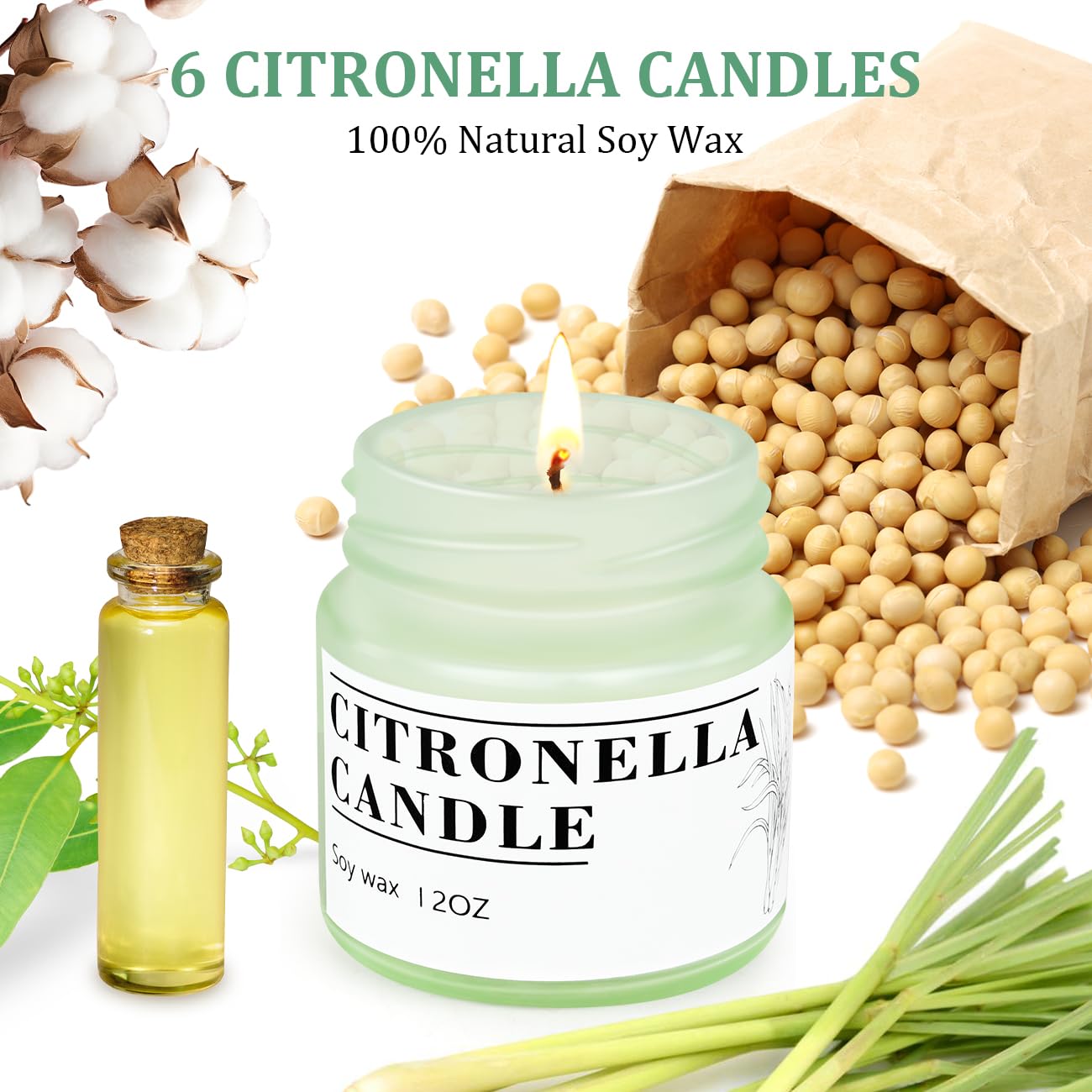 Candele alla citronella per esterni, cera di soia naturale, 6 pezzi, 200 ore