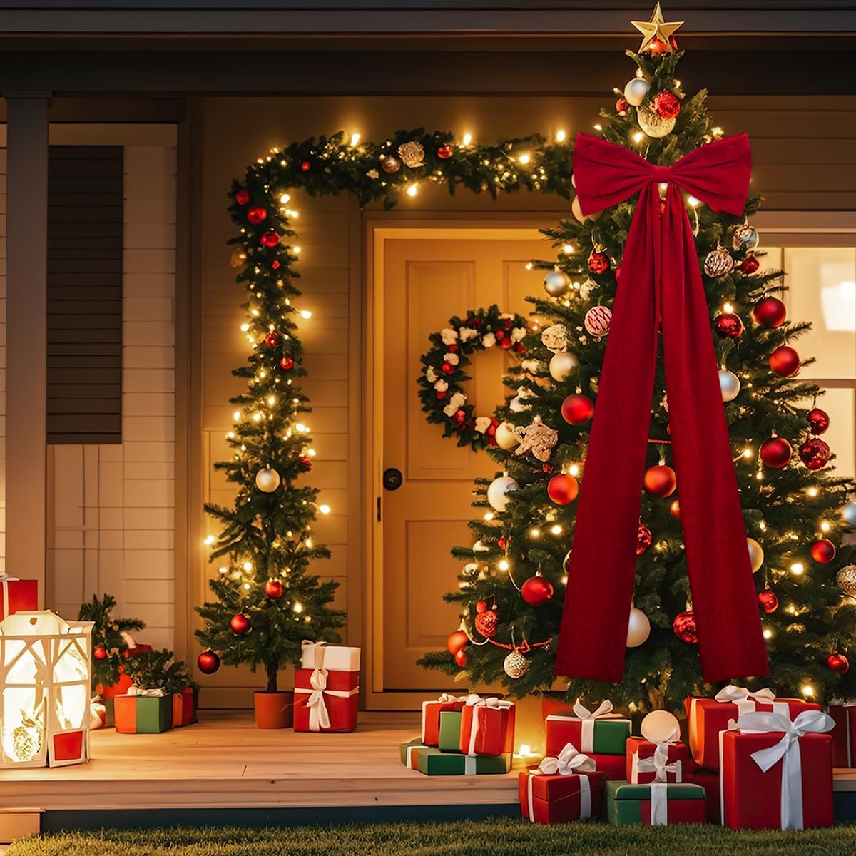 Extra Large Red Velvet Bows Christmas Tree Topper 20 x 71 Inch Big Bows with Long Streamers lazos para arbol de Navidad for Room Backdrop Wall Home Xmas Holiday Porch Decor, Deep Red