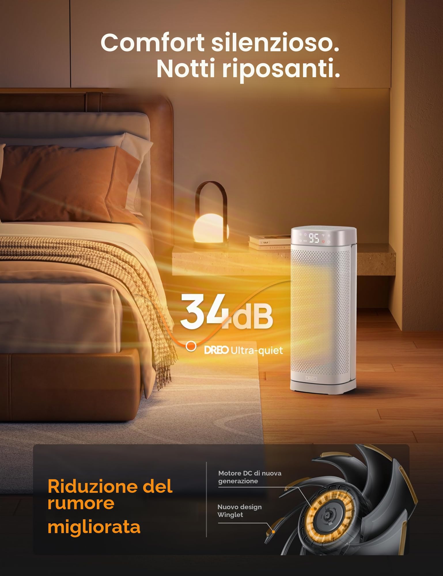 Riscaldatori Dreo 40 cm per uso interno, portatili e a riscaldamento rapido. Con telecomando, timer 12h, oscillazione 70° e protezione surriscaldamento. Sicuri e ideali per camera da letto e ufficio.