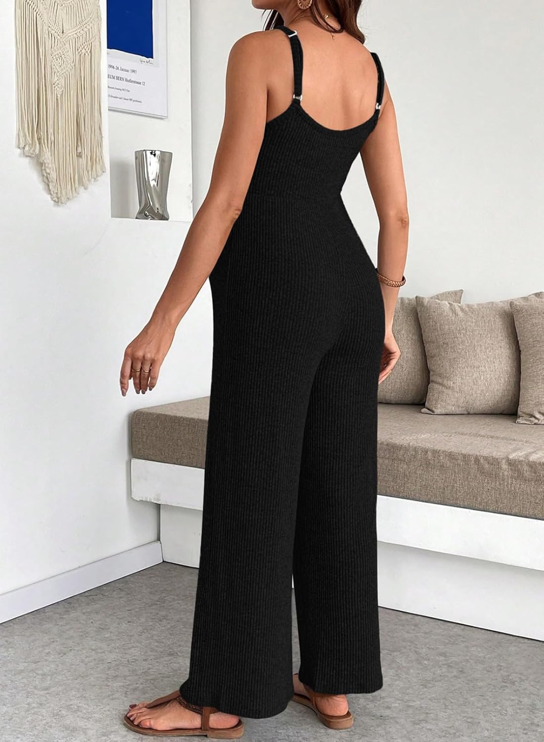 BLENCOT Maternity Ribbed Jumpsuit Sleeveless Square Neck Wide Leg Stretchy One Piece Romper - Image 3