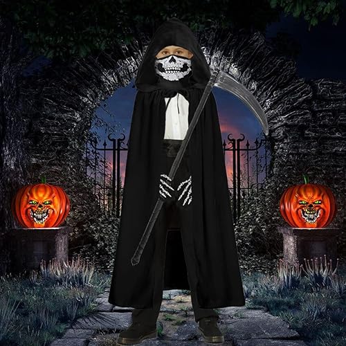 Miniatura 3 de Disfraz de la parca para niños, capa con capucha y máscara de calavera, guantes de guadaña, trajes de terciopelo, trajes de Halloween para niñas y