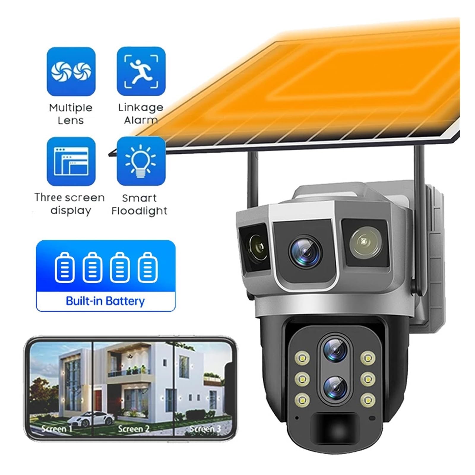 Cámara 4G de 3 Lentes, 12 MP, Tarjeta SIM 4G, cámara CCTV Solar, PTZ, Zoom 10X, for Exteriores, 3 Pantallas, batería, Seguridad, IP 4G, V380 Pro(4G Camera No Card)
