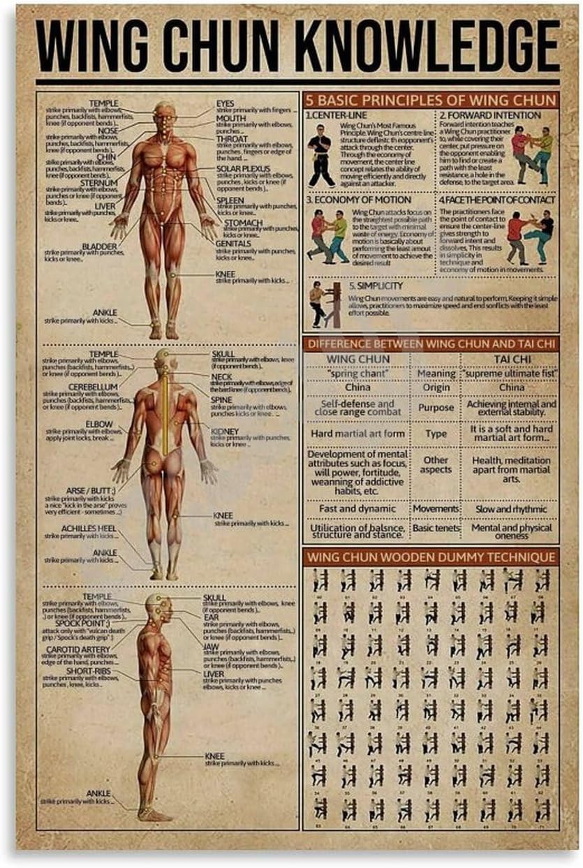 ​​Wing Chun Knowledge Vintage Posters Martial Arts Training Chart​ Wall Art Canvas Painting for Living Room Bedroom Decor 20x30inch(50x75cm) Unframe-style