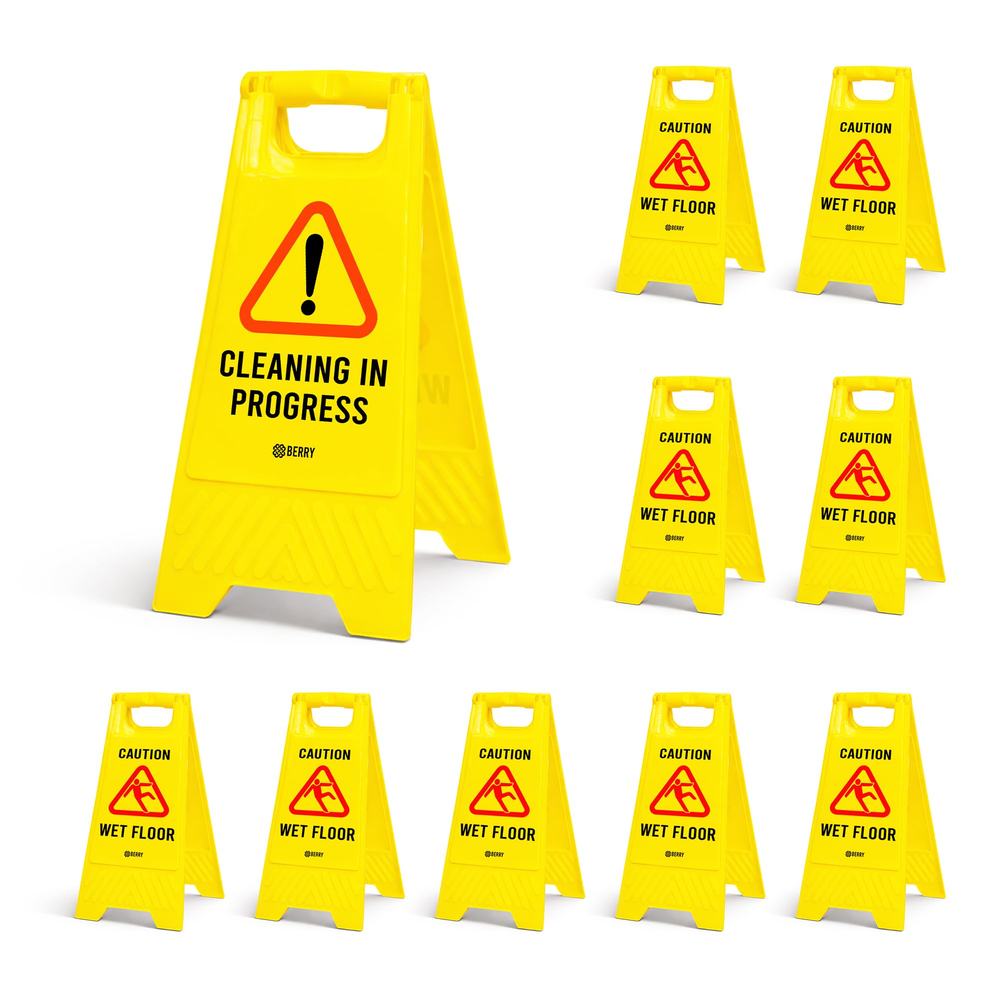 Berry Caution Wet Floor Sign Yellow | Cleaning in Progress Floor Sign Type A Foldable | 2 in 1 Double-Sided Free Standing Slippery Warning Sign for Shops, Hotels, Restaurants & Malls - Set of 10