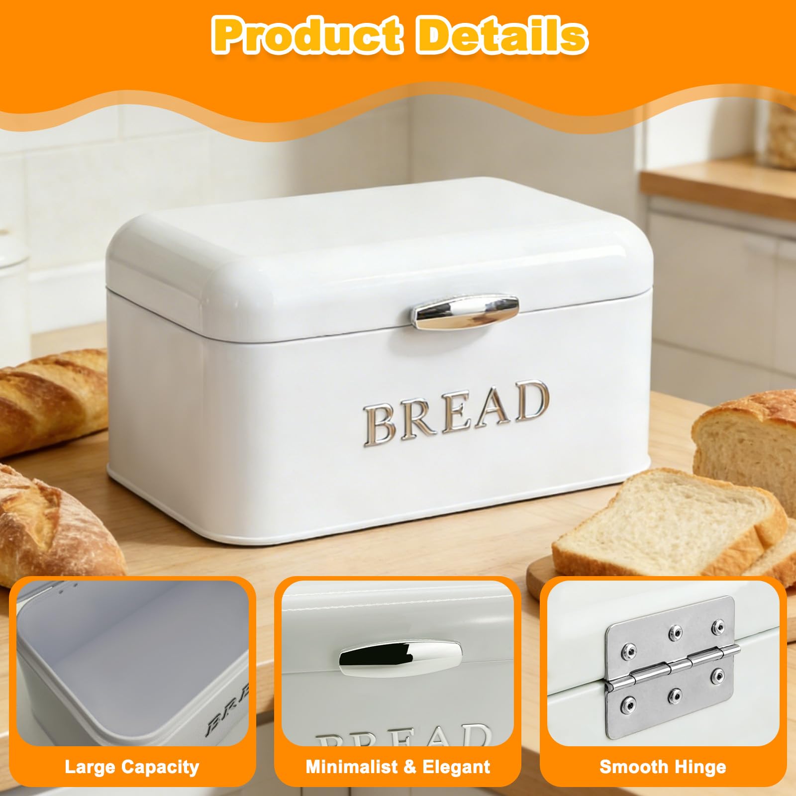 Metall Brotkasten mit Deckel, Brotaufbewahrungsbox, Großer Keksdose, Leicht Reinigen Brottopf, Weiß Brotkorb, Vintage Brotkästen für Aufbewahren Kekse, Gebäck, Obst (30 x 16 x 18cm)